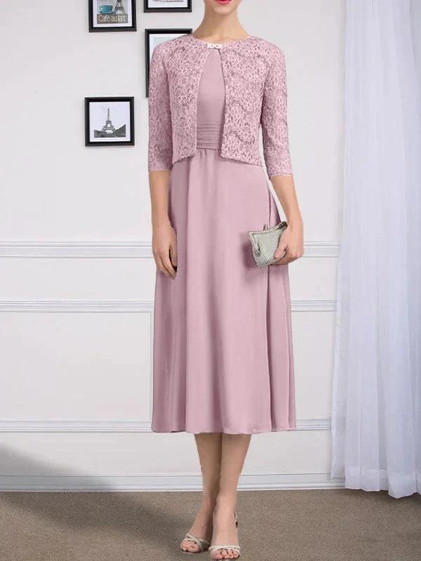 A-line Scoop Tea-Length Chiffon Mother of the Bride Dress With Pleated by Dreamylily
