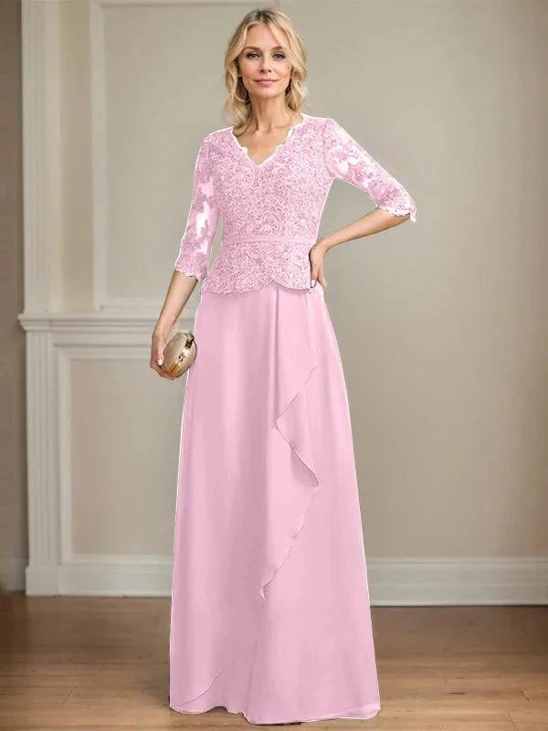 A-line V-Neck Floor-Length Lace Chiffon Mother of the Bride Dress With Cascading Ruffles Sequins by Dreamylily