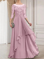 A-line Scoop Illusion Floor-Length Lace Chiffon Mother of the Bride Dress With Cascading Ruffles by Dreamylily