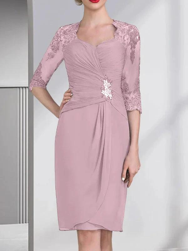 Sheath/Column Sweetheart Knee-Length Chiffon Mother of the Bride Dress With Beading Appliques Lace Sequins Pleated by Dreamylily
