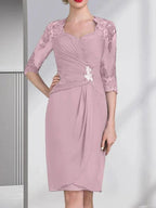 Sheath/Column Sweetheart Knee-Length Chiffon Mother of the Bride Dress With Beading Appliques Lace Sequins Pleated by Dreamylily