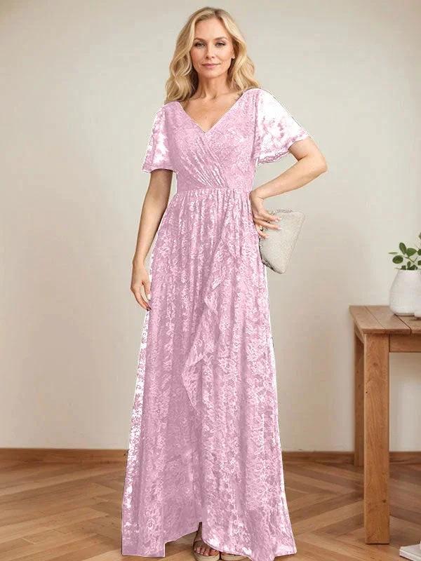 A-Line V-Neck Asymmetrical Lace Mother of the Bride Dress With Cascading Ruffles by Dreamylily