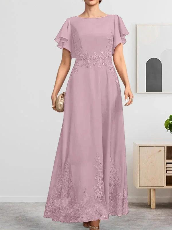 A-line Scoop Ankle-Length Lace Chiffon Mother of the Bride Dress With Sequins by Dreamylily