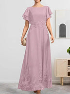 A-line Scoop Ankle-Length Lace Chiffon Mother of the Bride Dress With Sequins by Dreamylily