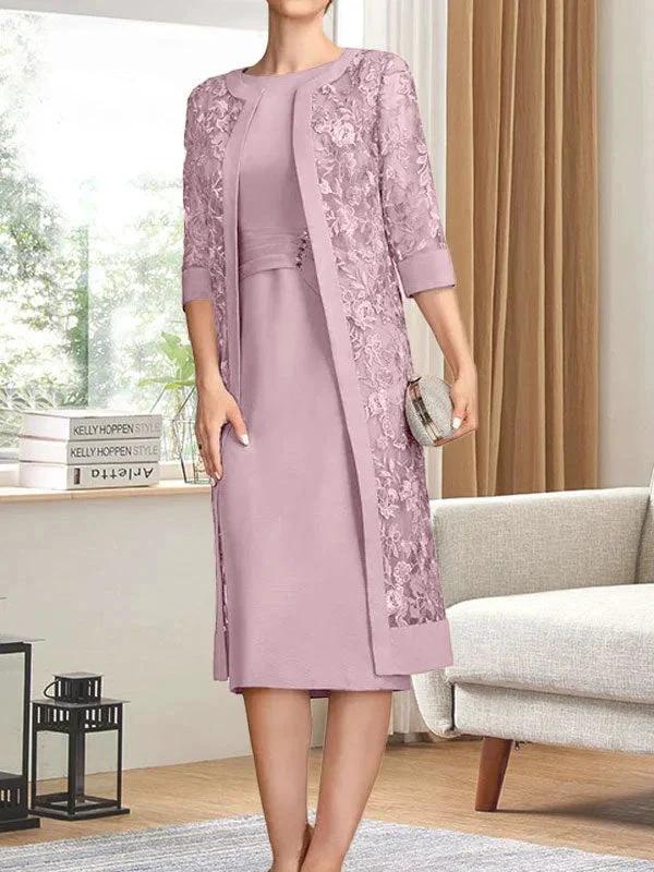 Sheath/Column Scoop Knee-Length Chiffon Mother of the Bride Dress With Pleated Sequins by Dreamylily