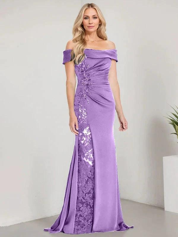 A-Line Off the Shoulder Floor-Length Mother of the Bride Dress Applique Beadings Mermaid Dress With High Split by Dreamylily