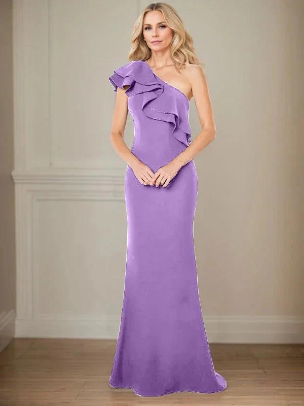 A-line One Shoulder Floor-Length Chiffon Mother of the Bride Dress With Ruffles by Dreamylily