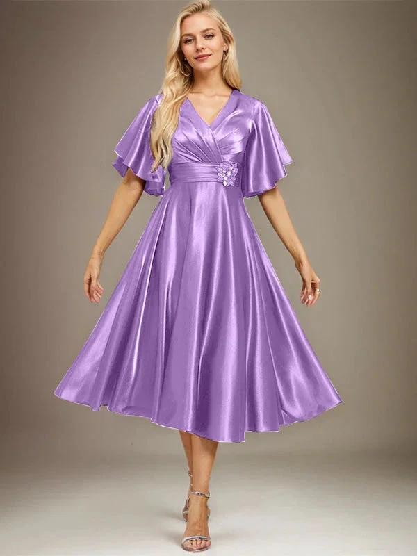 A-line V-Neck Tea-Length Stretch Satin Mother of the Bride Dress With Beading Pleated by Dreamylily