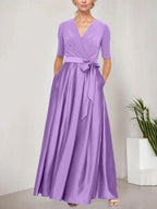 Surplice Neckline Ballgown with Full Satin Skirt & Jersey Bodice by Dreamylily