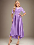 A-line Scoop Illusion Asymmetrical Stretch Satin Lace Mother of the Bride Dress With Sequins by Dreamylily