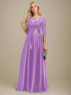 A-line Scoop Illusion Floor-Length Stretch Satin Lace Mother of the Bride Dress With Bow Sequins by Dreamylily