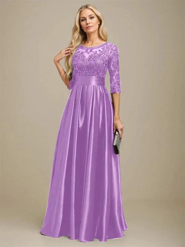 A-line Scoop Illusion Floor-Length Stretch Satin Lace Mother of the Bride Dress With Bow Sequins by Dreamylily