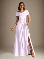 A-Line Scoop Floor-Length Stretch Satin Mother of the Bride Dress With Cascading Ruffles by Dreamylily