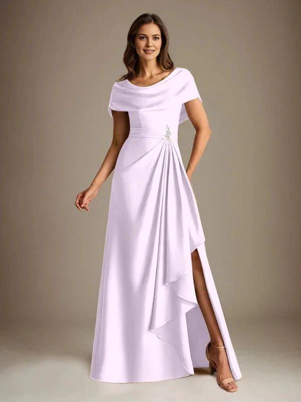 A-Line Scoop Floor-Length Stretch Satin Mother of the Bride Dress With Cascading Ruffles by Dreamylily