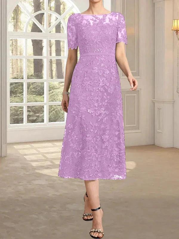 A-line Scoop Illusion Tea-Length Lace Mother of the Bride Dress With Sequins by Dreamylily