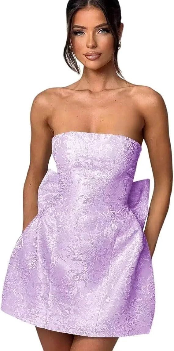 Strapless Short Ball Gown Homecoming Dress Sleeveless Lace up Jacquard Satin Party Dresses with Bow by Biztunnel