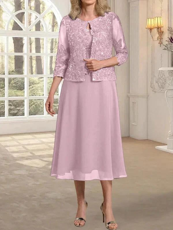 A-line Scoop Tea-Length Lace Chiffon Mother of the Bride Dress With Sequins by Dreamylily