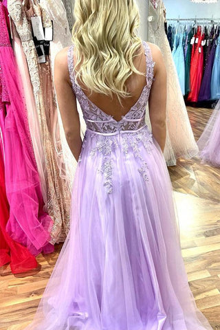 Vestido de fiesta largo de tul sin mangas, corte en A, color lila, escote en V, apliques de cuentas, PSK413