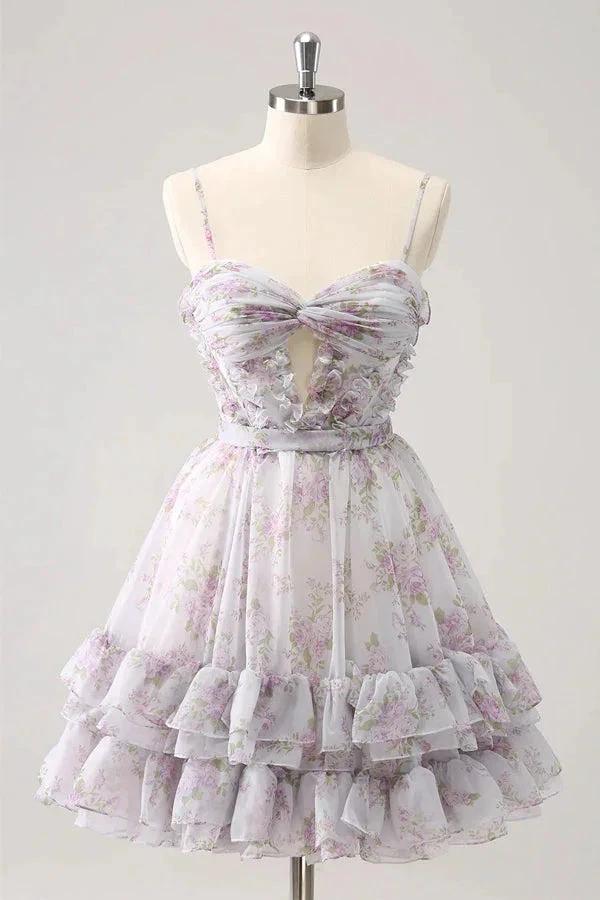 Lilac Floral Homecoming Dress Cute Homecoming Dress With Hole PD561 by pgmdress