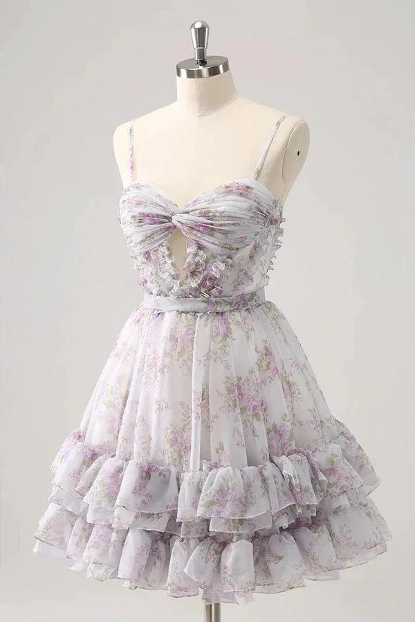 Lilac Floral Homecoming Dress Cute Homecoming Dress With Hole PD561 by pgmdress