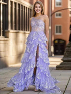 Gold Tulle Sequin One-Shoulder Ruffle Corset Prom Dress with Slit SYP173 by vivymakudress