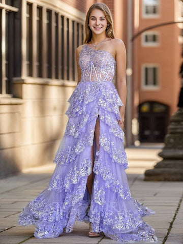 Vestido de fiesta con corsé, volantes y un hombro con lentejuelas de tul dorado y abertura SYP173