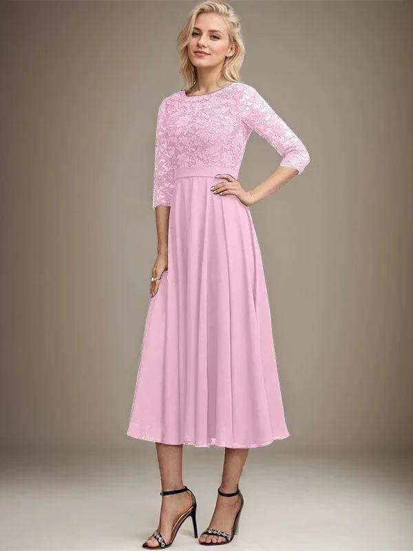 A-line Scoop Tea-Length Lace Chiffon Mother of the Bride Dress With Sequins by Dreamylily