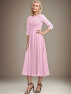 A-line Scoop Tea-Length Lace Chiffon Mother of the Bride Dress With Sequins by Dreamylily