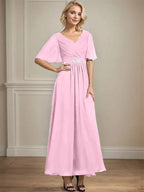 A-line V-Neck Ankle-Length Chiffon Mother of the Bride Dress With Pleated Beading Sequins by Dreamylily