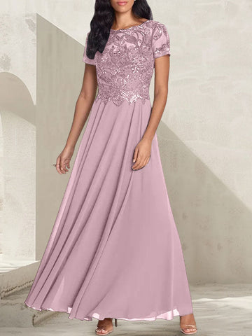 Vestido largo de madre de la novia con escote redondo, corte A, color gris carbón y cuentas