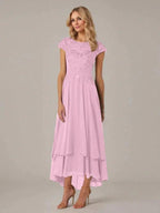 A-line Boat Neck Illusion Asymmetrical Chiffon Lace Mother of the Bride Dress With Applique Pleats by Dreamylily
