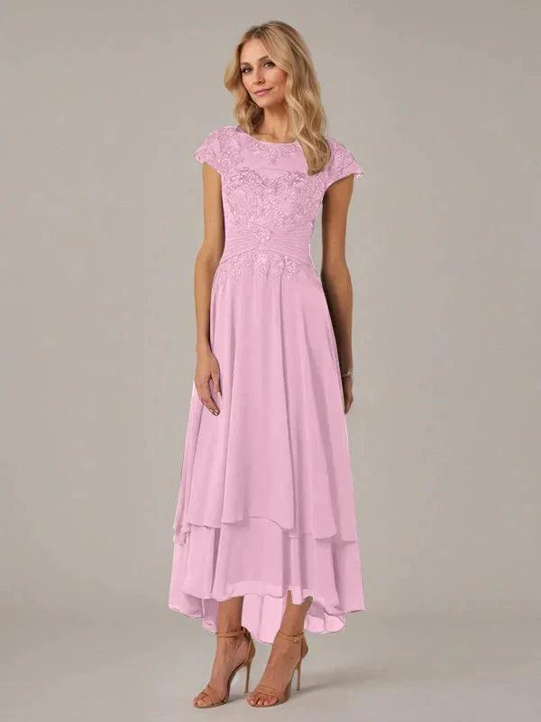A-line Boat Neck Illusion Asymmetrical Chiffon Lace Mother of the Bride Dress With Applique Pleats by Dreamylily