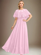 A-line Boat Neck Floor-Length Lace Chiffon Mother of the Bride Dress With Applique Sequins by Dreamylily
