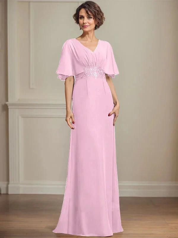 A-line V-Neck Floor-Length Chiffon Mother of the Bride Dress With Pleated Sequins Appliques Lace by Dreamylily