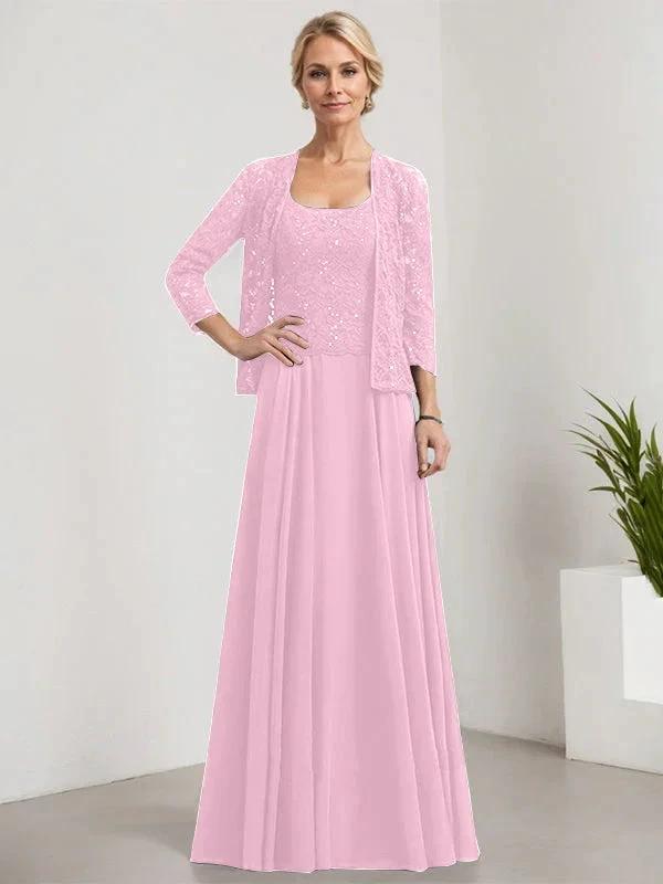 A-line Square Floor-Length Lace Chiffon Mother of the Bride Dress With Sequins by Dreamylily
