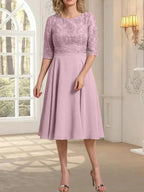 A-line Scoop Knee-Length Lace Chiffon Mother of the Bride Dress by Dreamylily