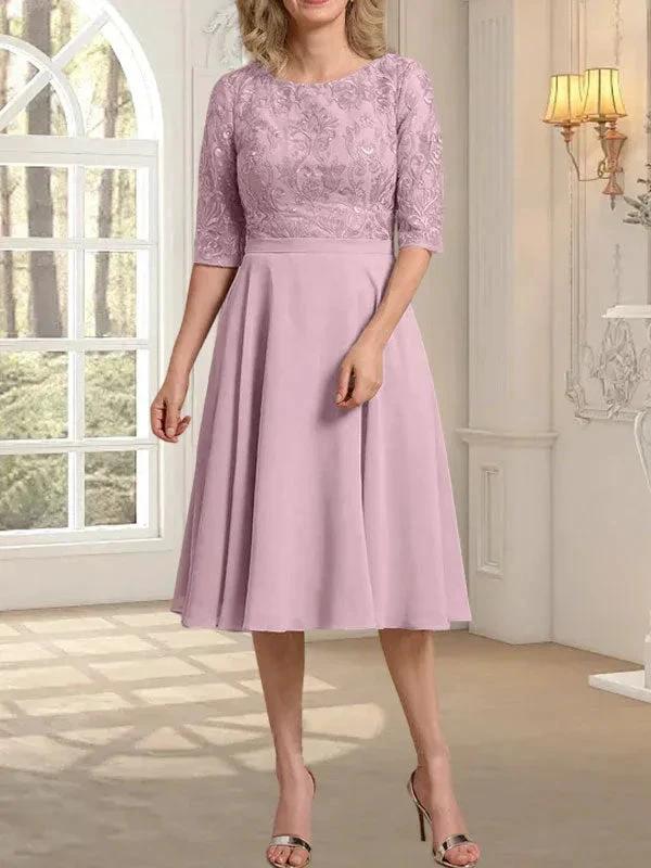 A-line Scoop Knee-Length Lace Chiffon Mother of the Bride Dress by Dreamylily