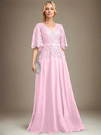A-line V-Neck Floor-Length Chiffon Lace Mother of the Bride Dress With Crystal Brooch Rhinestone by Dreamylily