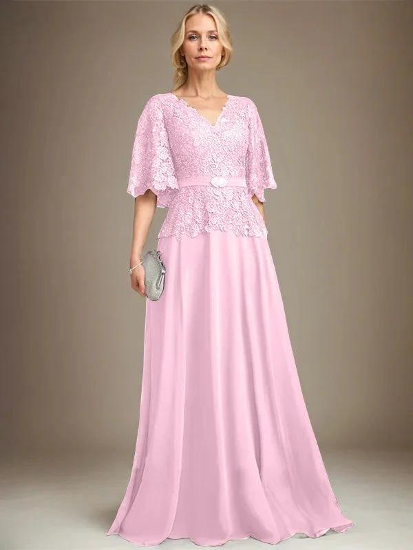 A-line V-Neck Floor-Length Chiffon Lace Mother of the Bride Dress With Crystal Brooch Rhinestone by Dreamylily