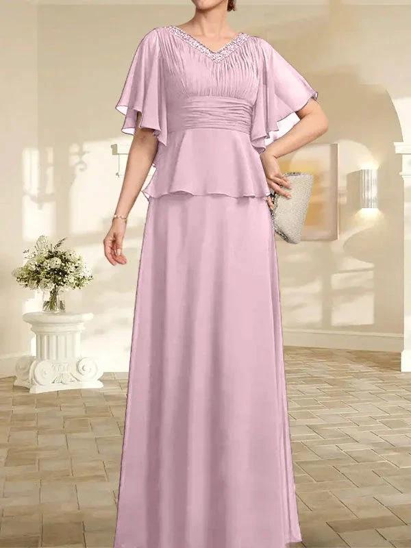 A-line V-Neck Floor-Length Chiffon Mother of the Bride Dress With Pleated Beading by Dreamylily