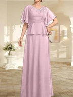 A-line V-Neck Floor-Length Chiffon Mother of the Bride Dress With Pleated Beading by Dreamylily
