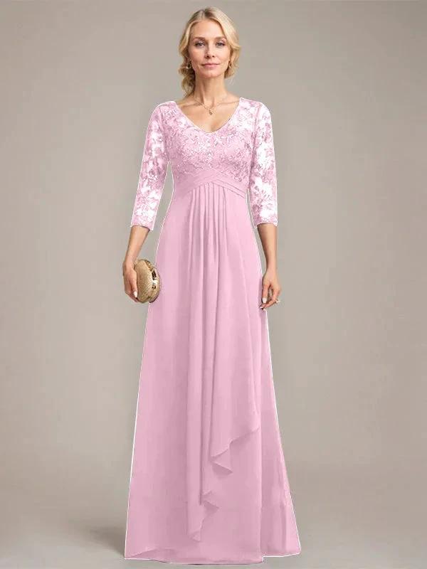 A-line V-Neck Floor-Length Lace Chiffon Mother of the Bride Dress With Cascading Ruffles Sequins by Dreamylily