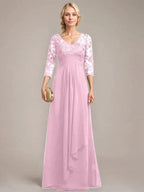 A-line V-Neck Floor-Length Lace Chiffon Mother of the Bride Dress With Cascading Ruffles Sequins by Dreamylily