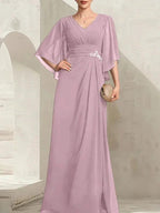 Sheath/Column V-Neck Floor-Length Chiffon Mother of the Bride Dress With Pleated Sequins Beading by Dreamylily