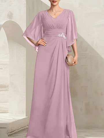 Vestido de gasa para madre de la novia, con escote en V, largo hasta el suelo, con lentejuelas plisadas y abalorios