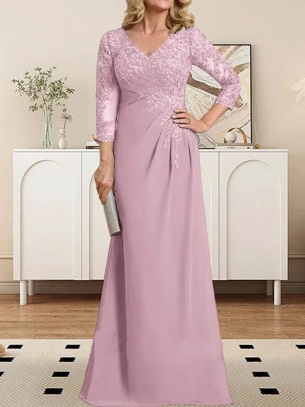 Sheath/Column V-Neck Illusion Floor-Length Lace Chiffon Mother of the Bride Dress With Pleated Sequins by Dreamylily