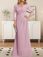 Sheath/Column V-Neck Illusion Floor-Length Lace Chiffon Mother of the Bride Dress With Pleated Sequins by Dreamylily