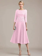 A-line Scoop Tea-Length Lace Chiffon Mother of the Bride Dress by Dreamylily