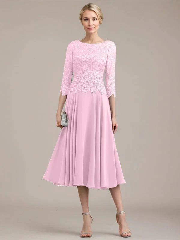 A-line Scoop Tea-Length Lace Chiffon Mother of the Bride Dress by Dreamylily