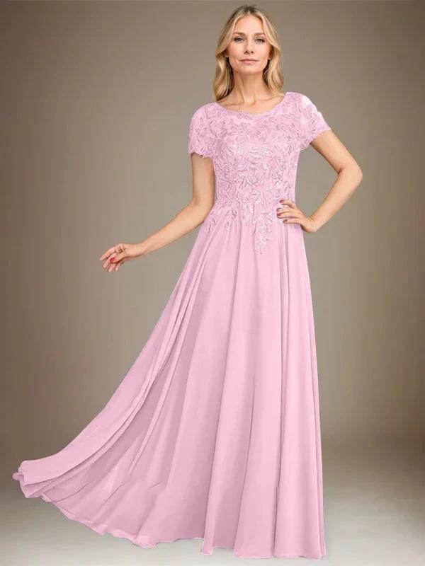 A-Line Scoop Floor-Length Chiffon Mother of the Bride Dress With Applique & Sequins by Dreamylily